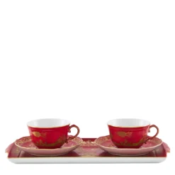 Set di 2 Tazze da T� con Vassoio Oriente Italiano Rubrum in Porcellana Rossa
