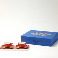 Set di 2 Tazze da T� con Vassoio Oriente Italiano Rubrum in Porcellana Rossa