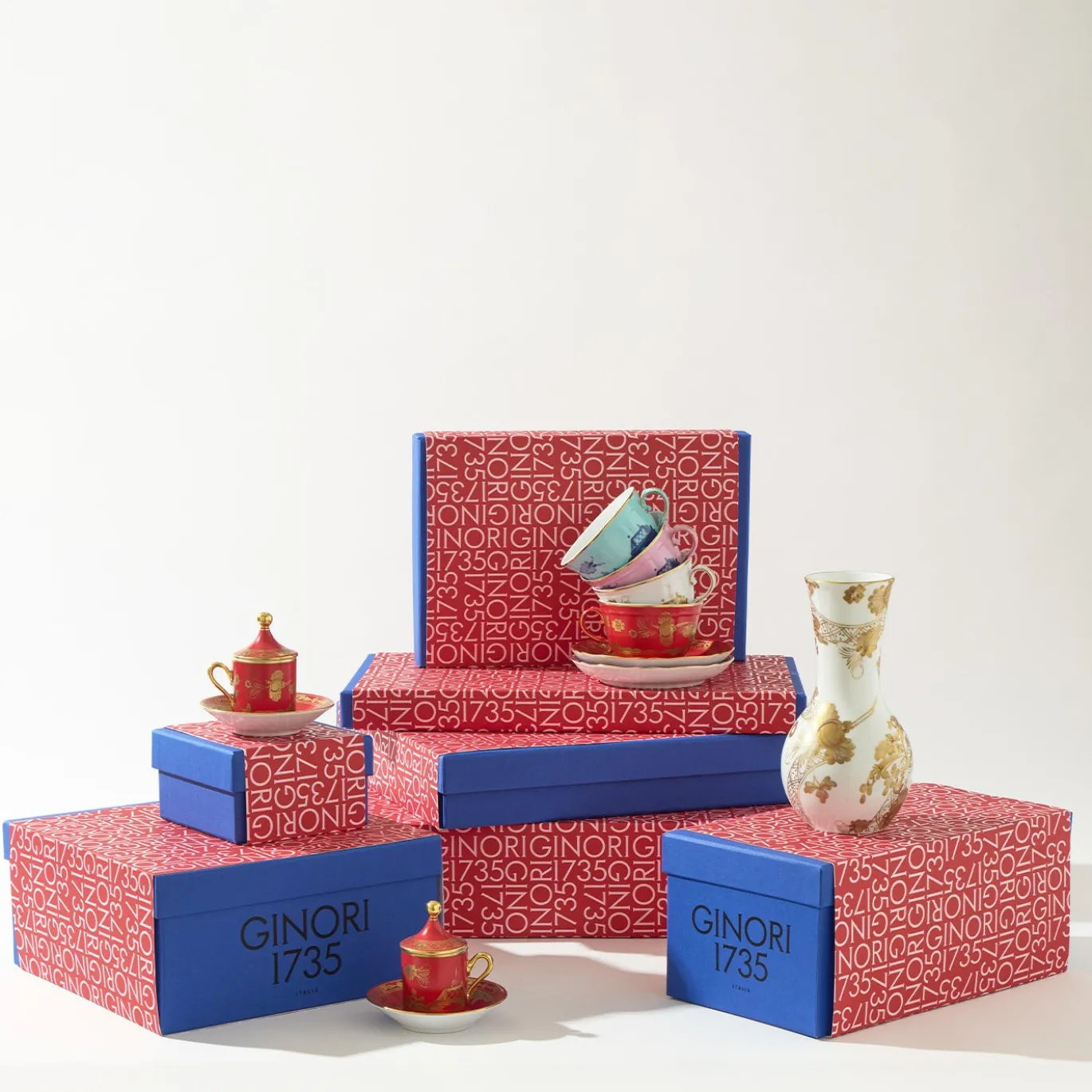 Set di 2 Tazze da T� con Vassoio Oriente Italiano Rubrum in Porcellana Rossa