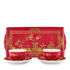 Set di 2 Tazze da T� con Vassoio Oriente Italiano Rubrum in Porcellana Rossa