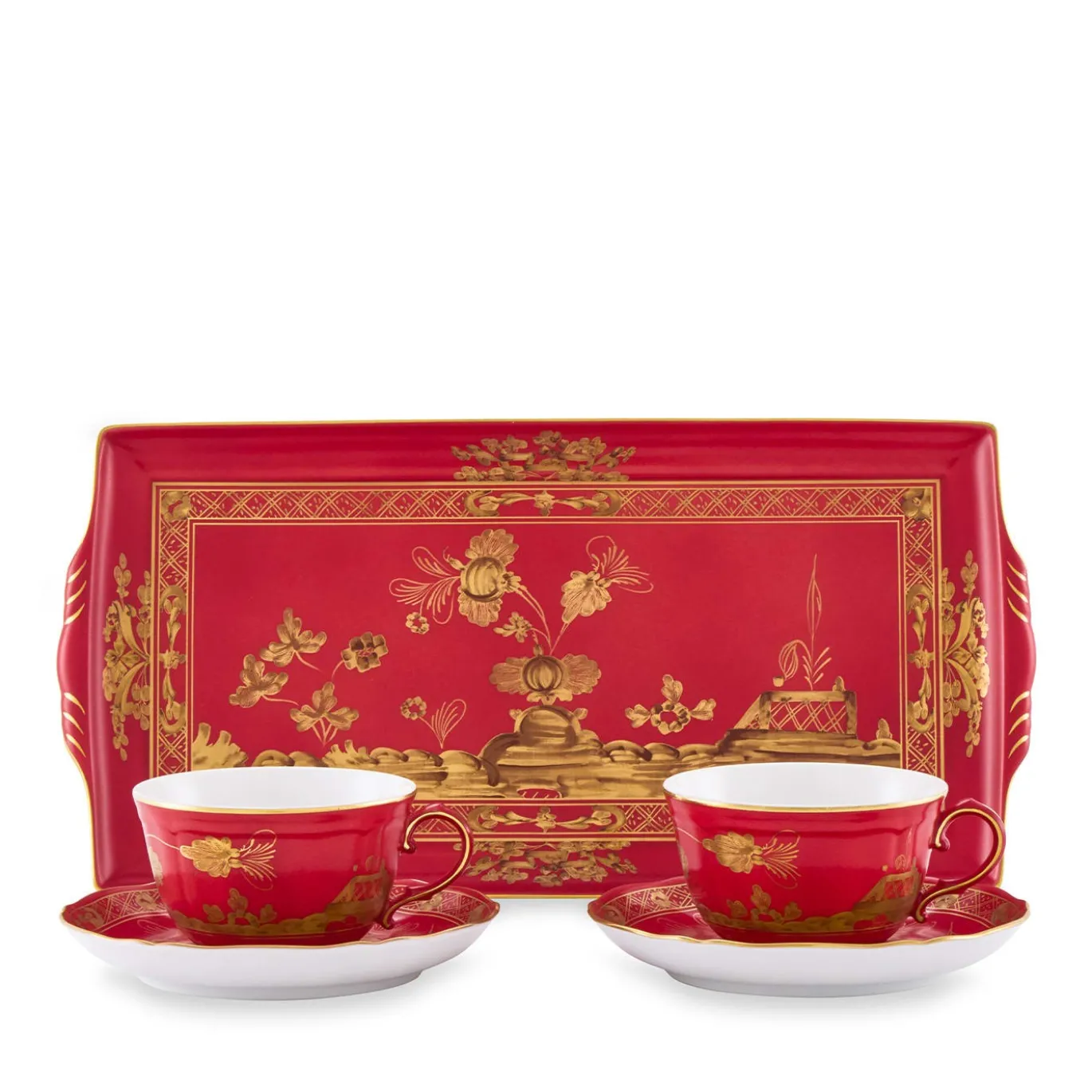 Set di 2 Tazze da T� con Vassoio Oriente Italiano Rubrum in Porcellana Rossa
