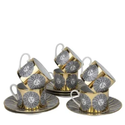 Set di 6 Tazze da T� Sole in Porcellana Dorata