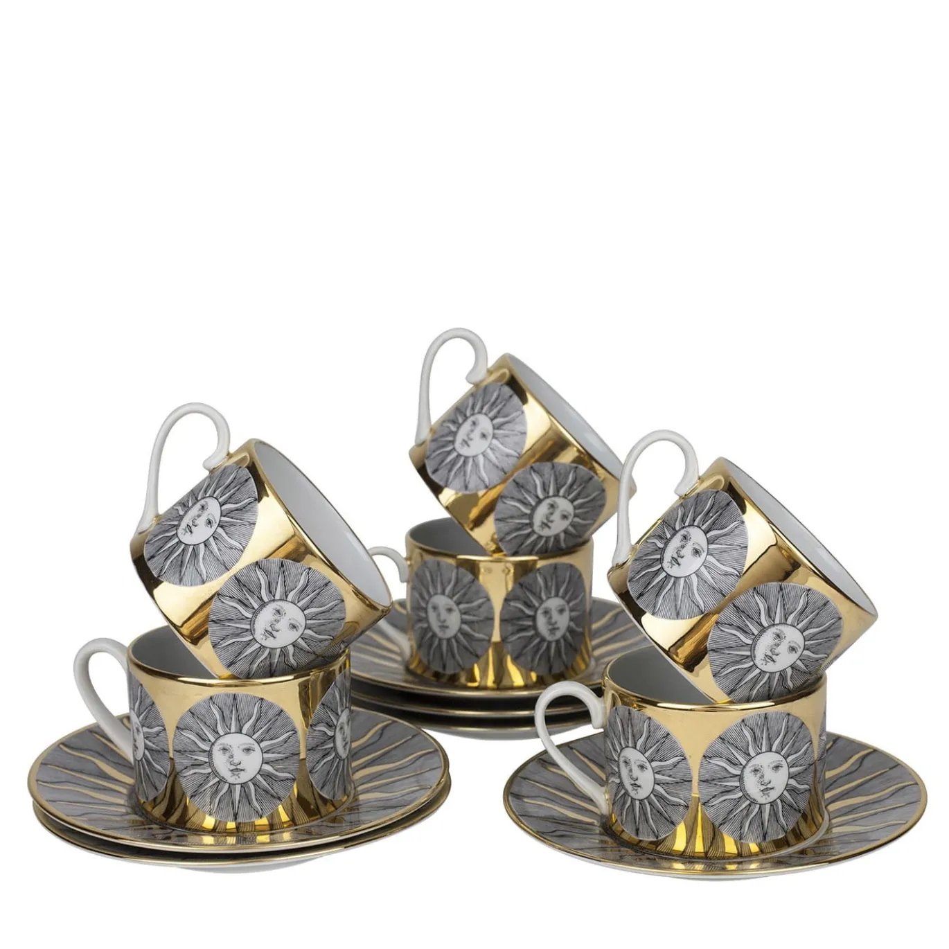 Set di 6 Tazze da T� Sole in Porcellana Dorata