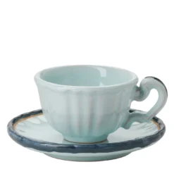 Set di 4 tazze e piattini in ceramica Monogram Celeste Velato