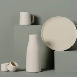 Set di 2 tazze in ceramica bianca e zuccheriera con coperchio in legno
