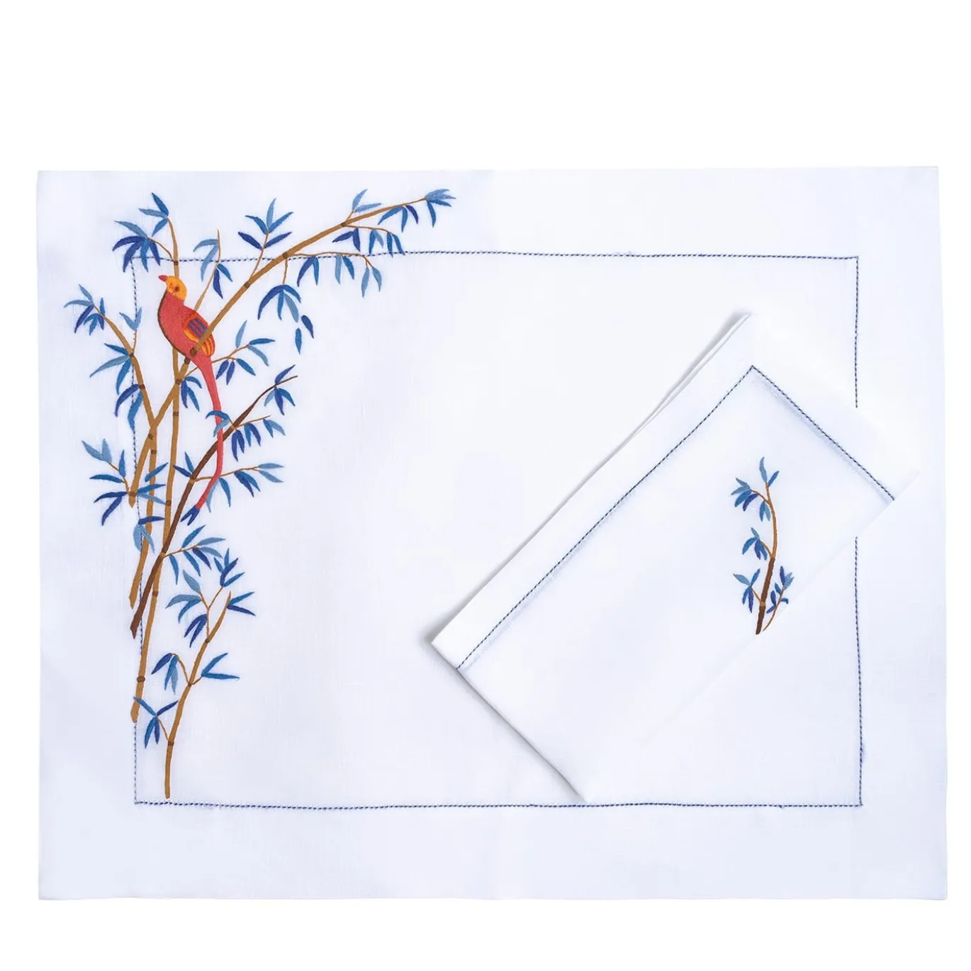 Set di tovaglietta e tovagliolo rettangolari in lino blu Bambou