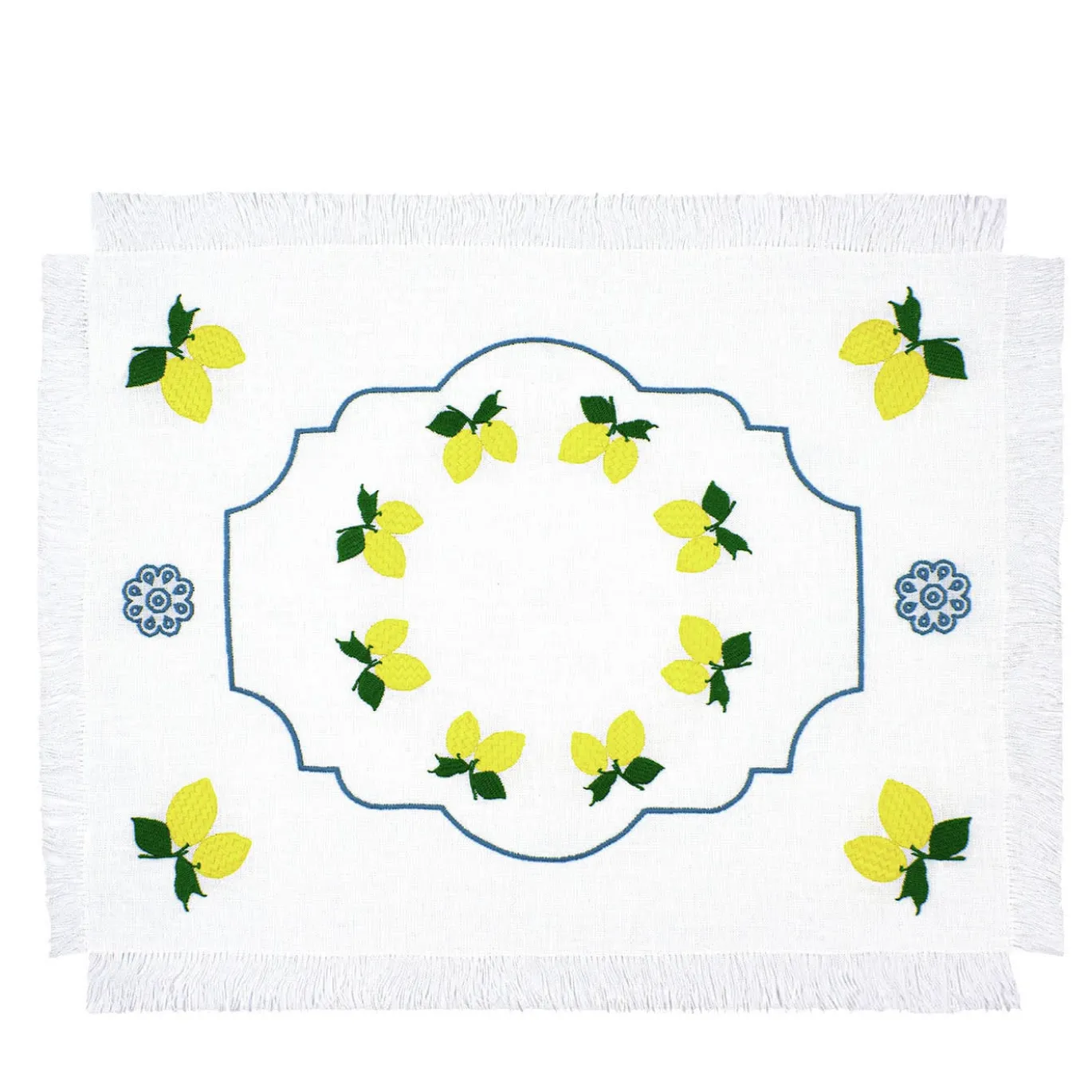 Set di 2 tovagliette bianche ricamate con frange Limoni