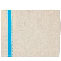 Set di 3 tovagliette classiche in lino grezzo beige con striscia azzurra