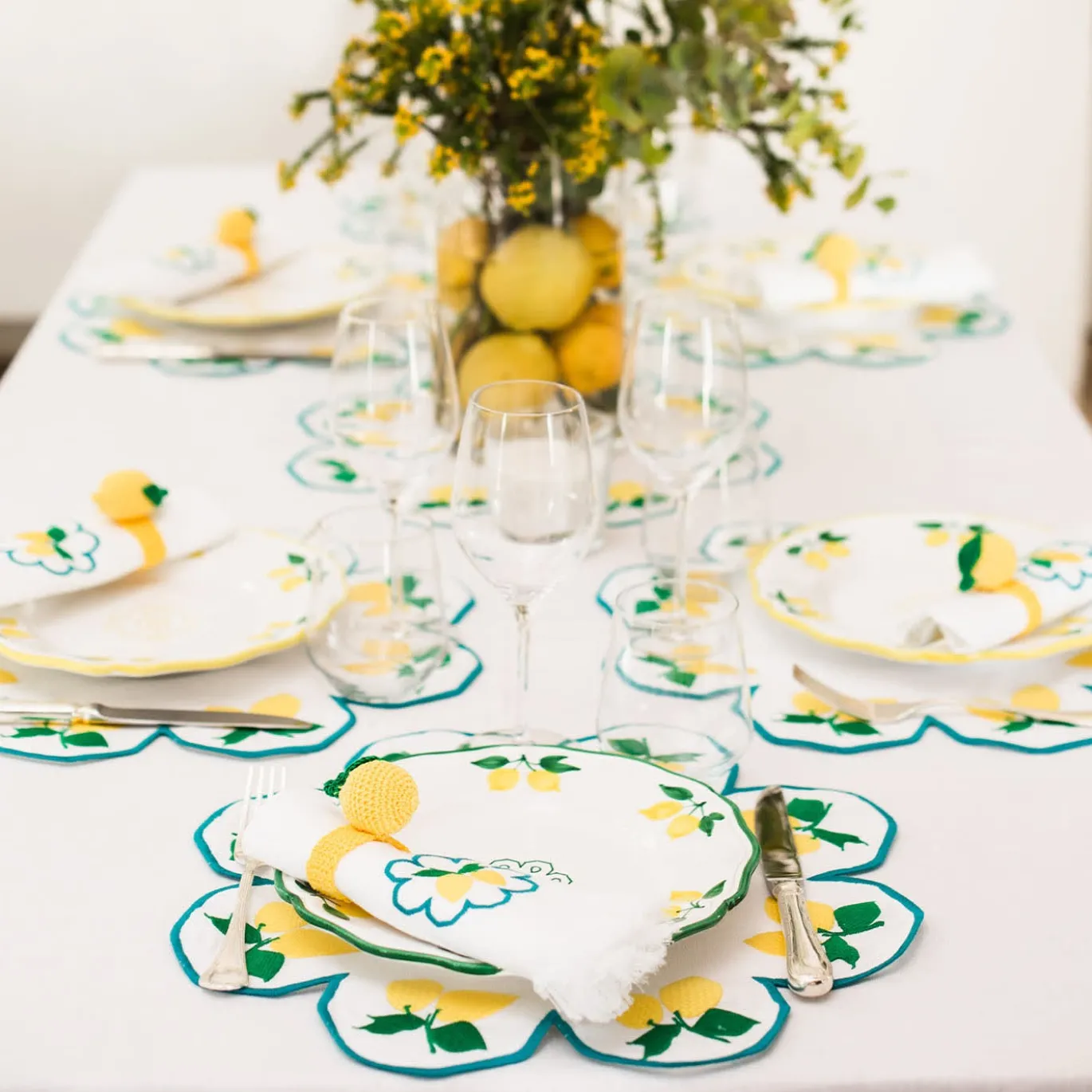 Set di 2 tovagliette di servizio bianche a forma di fiore Limoni Multicolor