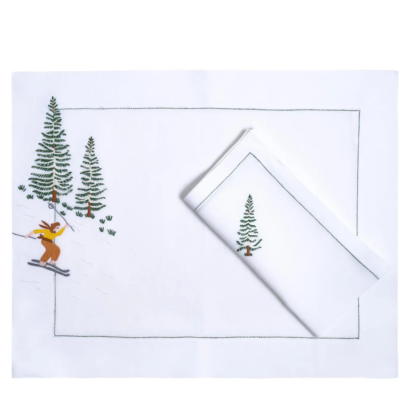 Set di tovagliette e tovaglioli ricamati a mano Ski #1