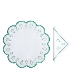 Set di tovagliette e tovaglioli di lino tondi verdi Gocce