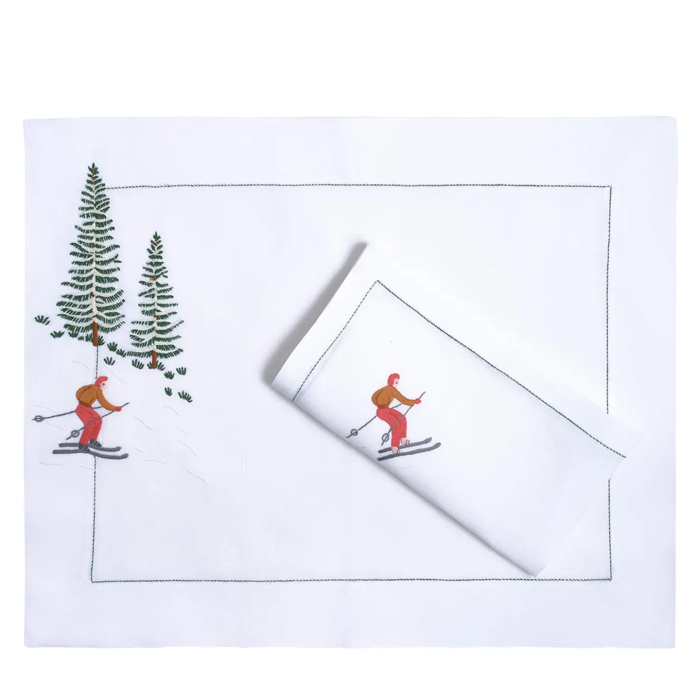 Set di tovagliette e tovaglioli ricamati a mano Ski #4