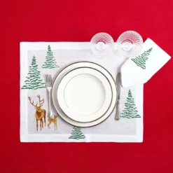 Set di tovagliette e tovaglioli rettangolari in lino con animali di montagna