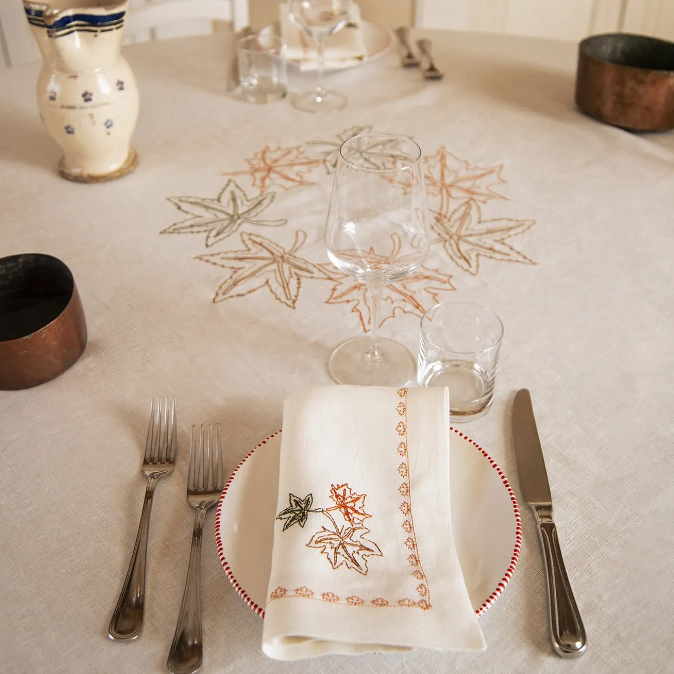 Set di 4 tovaglioli Acero in lino beige con ricamo