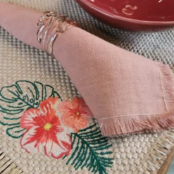 Set di 4 tovaglioli di lusso in puro lino rosa-argento con frange a mano
