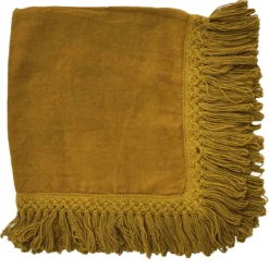 Set di 4 Tovaglioli in Lino Giallo Ocra con Frange Lunghe