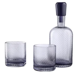 Set in vetro Murano Borealis Torse Wisteria con bottiglia e 2 bicchieri