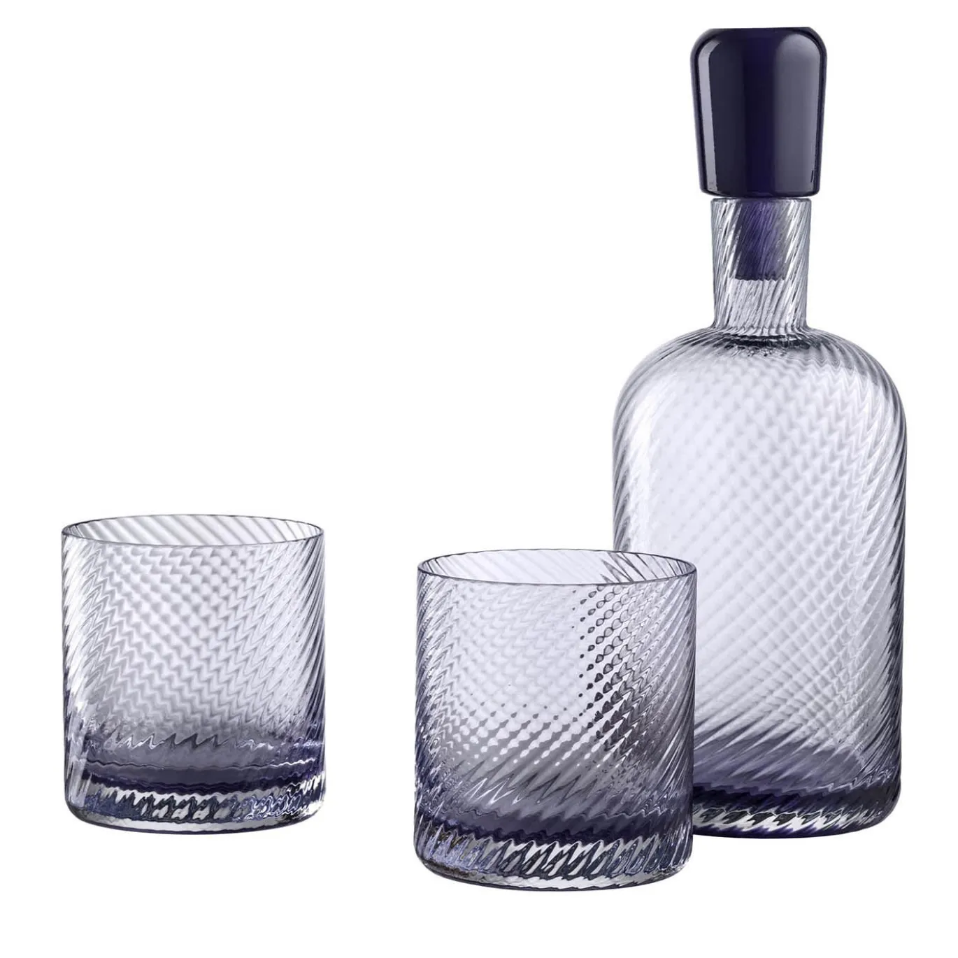 Set in vetro Murano Borealis Torse Wisteria con bottiglia e 2 bicchieri