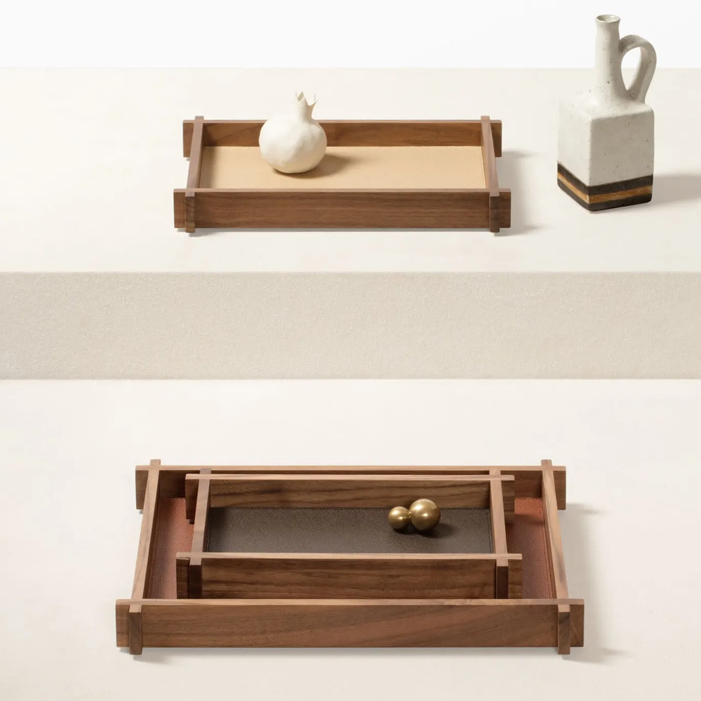 Structura Pelle e legno Vassoio rettangolare lungo per valet Medium #2