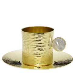 Tazza Demitasse placcata oro con piattino e bastoncino per mescolare