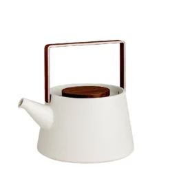 Teiera in ceramica bianca con coperchio in legno