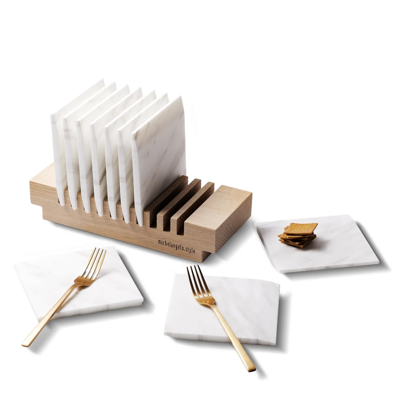 Telaiata Quadrata Set di 10 Mini Vassoi in Marmo con Base in Rovere