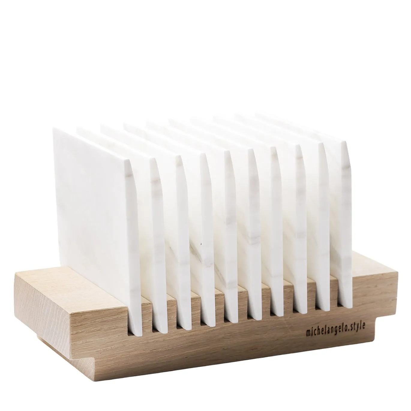 Telaiata Quadrata Set di 10 Mini Vassoi in Marmo con Base in Rovere