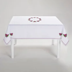 Tovaglia in lino bianco e rosa Bouganville