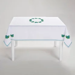 Tovaglia in lino Bougainville bianca e azzurro chiaro