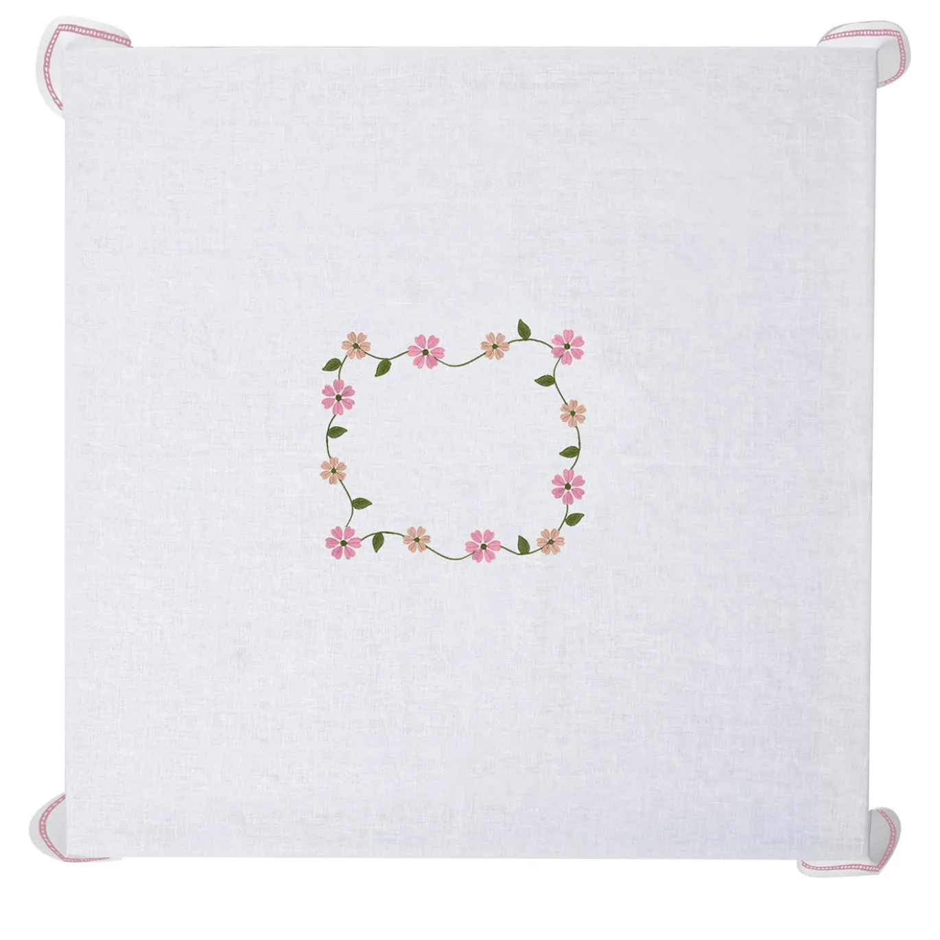 Tovaglia ricamata Margherita Rosa in lino bianco