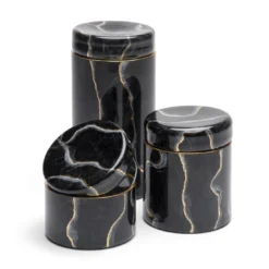 Vaso di vetro basso nero ispirato al marmo di Portoro con coperchio