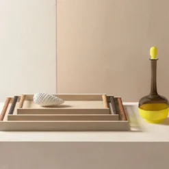 Vassoio Dama Grande Beige in Legno di Frassino e Pelle
