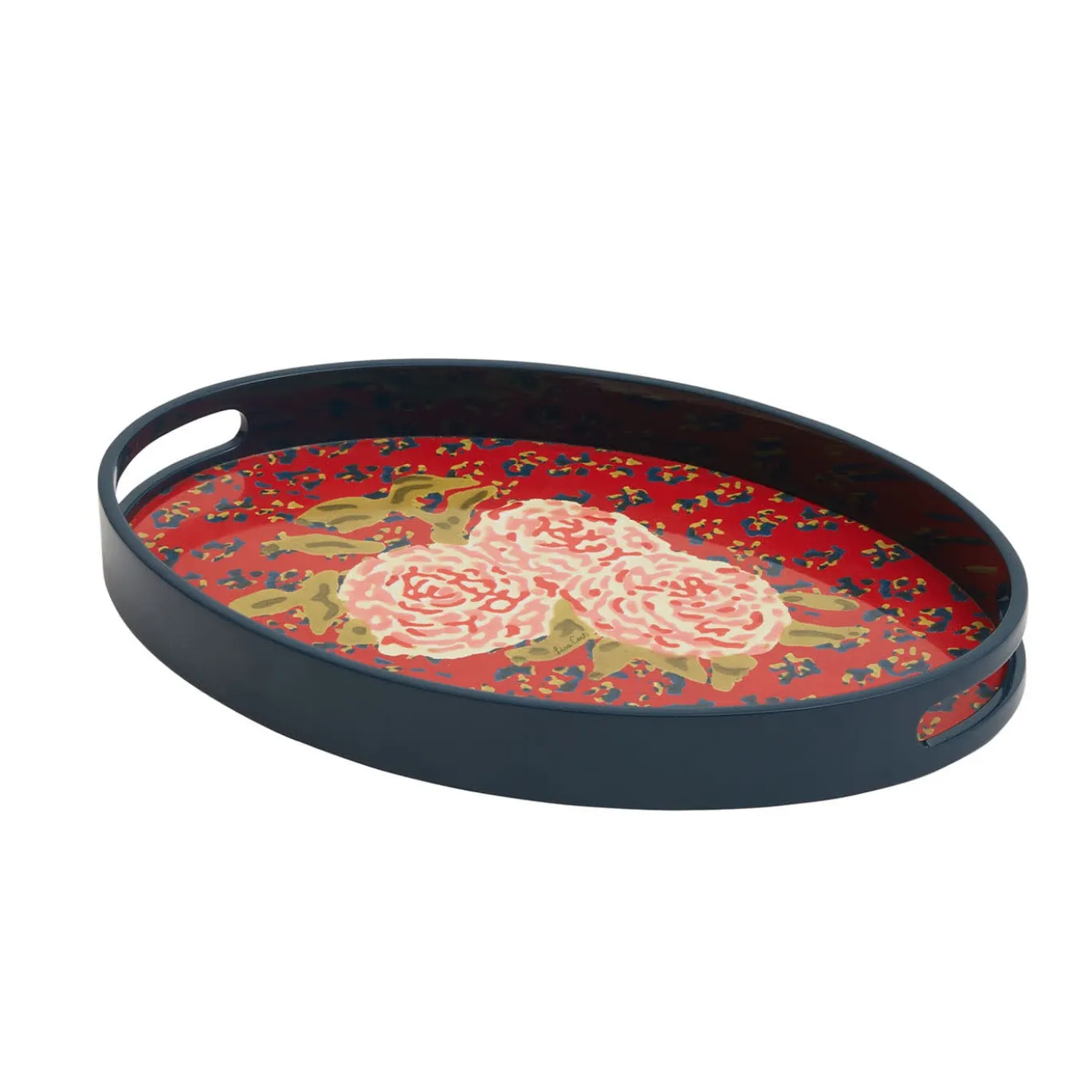 Vassoio ovale con fiori di leopardo su sfondo rosso