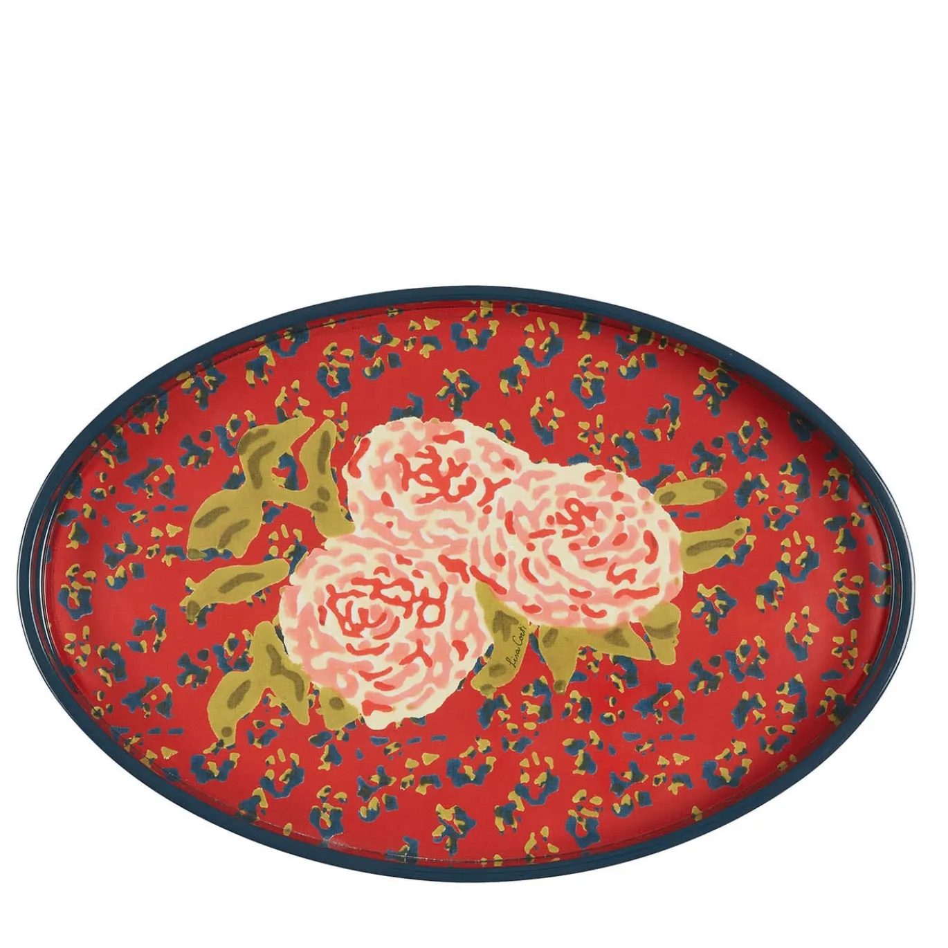 Vassoio ovale con fiori di leopardo su sfondo rosso