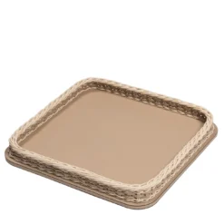 Vassoio quadrato Orsay Beige in pelle e rattan