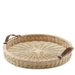 Vassoio Rotondo Peonia Grande con Manici in Pelle Beige