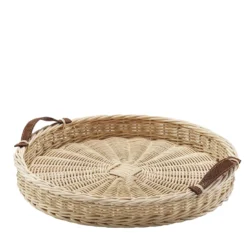 Vassoio rotondo Peonia medio con manici in pelle beige