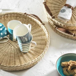 Vassoio rotondo Peonia piccolo con manici in pelle beige