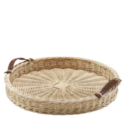 Vassoio rotondo Peonia piccolo con manici in pelle beige