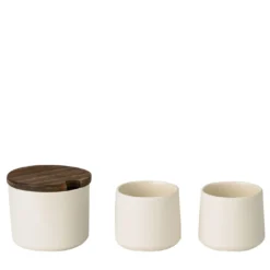 Zuccheriera in ceramica con coperchio in legno e piccole tazze in ceramica