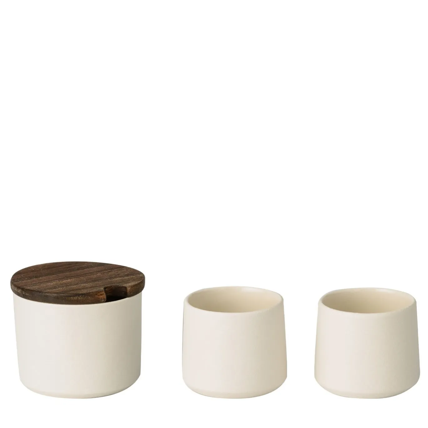 Zuccheriera in ceramica con coperchio in legno e piccole tazze in ceramica