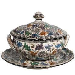Zuppiera in ceramica policroma con piatto