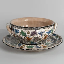Zuppiera in ceramica policroma con piatto